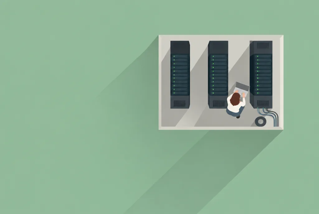 Top-down illustration of a small data-center room: three rows of server racks and a person with a laptop crouching beside one