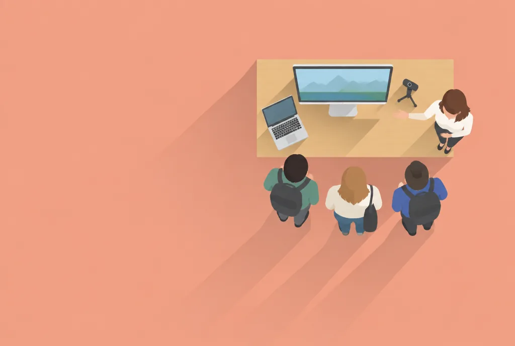 Top-down illustration of a festival stand: a table with a monitor, laptop and webcam on a tripod, three visitors watching and Erva presenting
