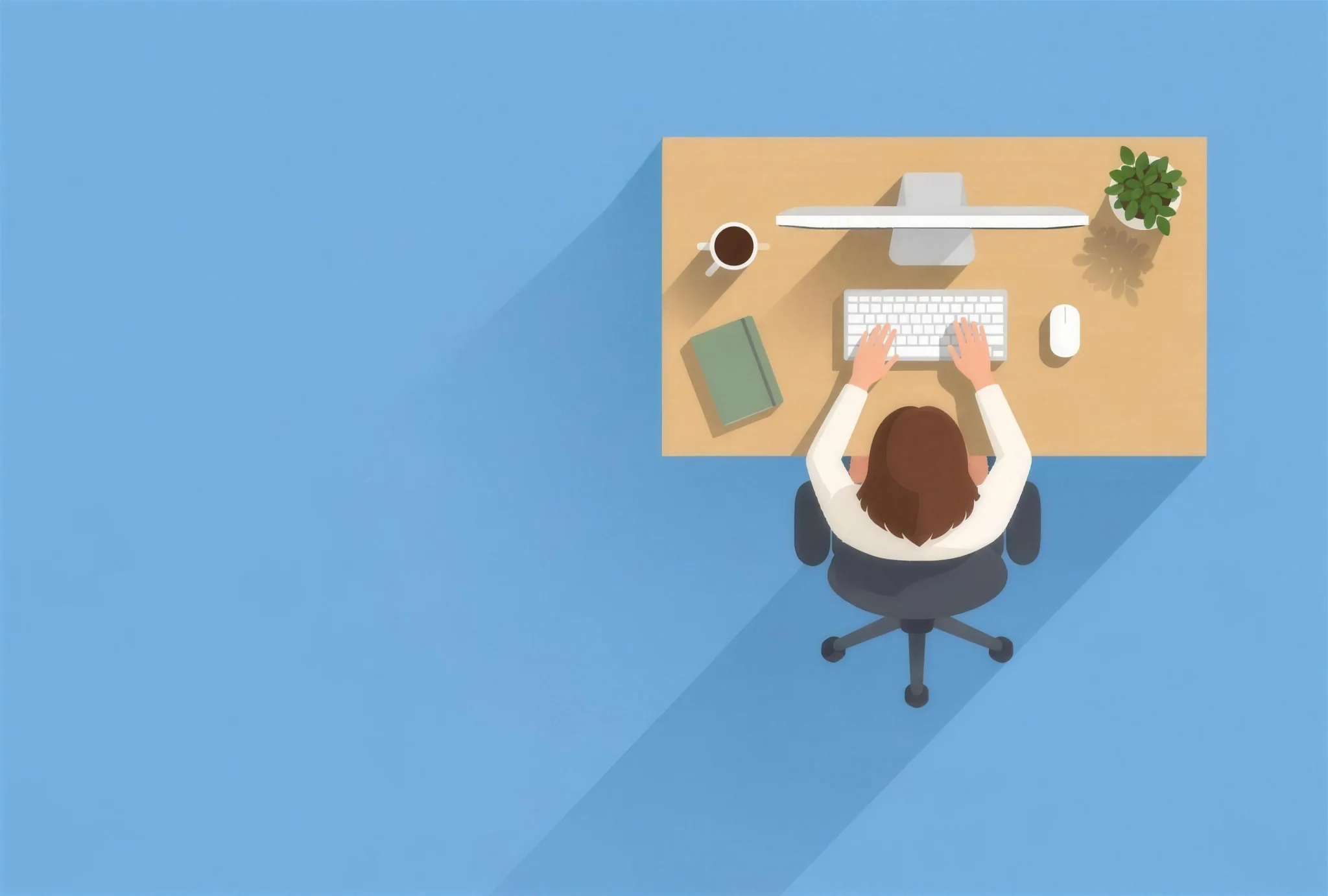 Top-down illustration of Erva at a wooden desk, coding on an iMac, with a coffee cup and a plant, casting a long afternoon shadow