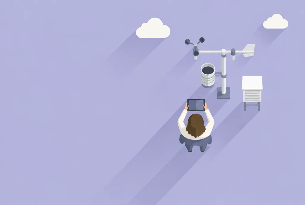 Top-down illustration of a small weather station in a field: an anemometer mast, a rain gauge, an instrument box and Erva holding a tablet