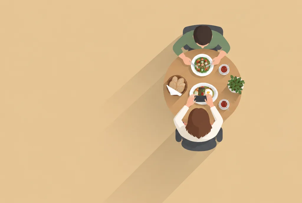 Top-down illustration of a round restaurant table with plates of food; a woman photographs the meal with her phone while a friend sits across